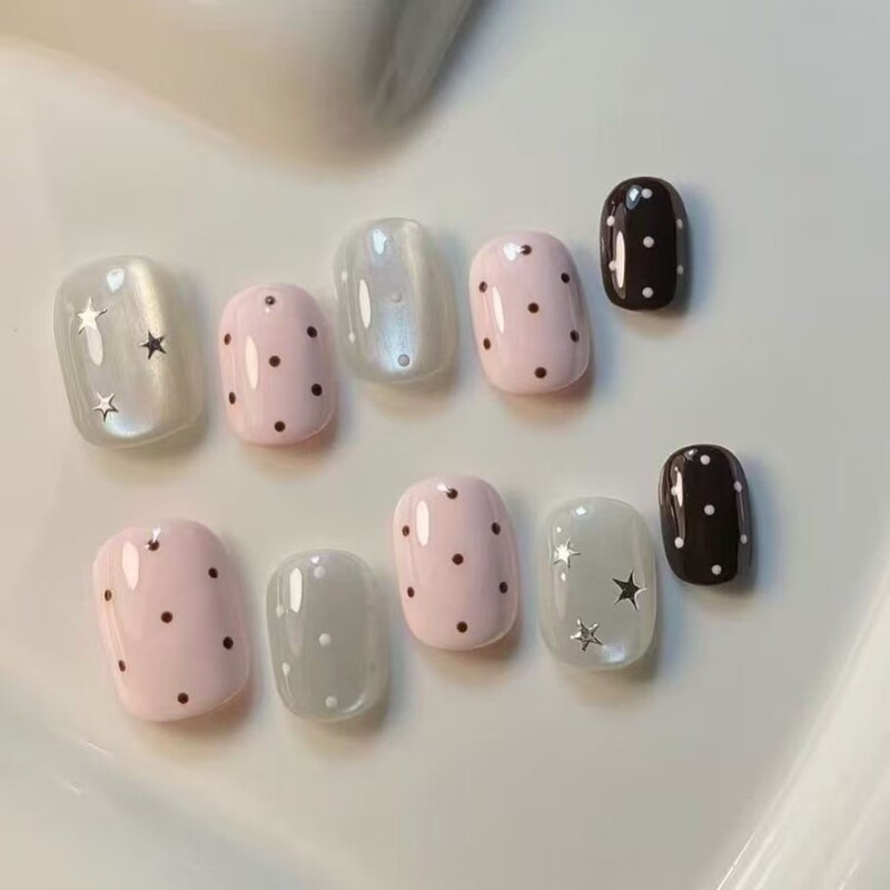 Purely Handmade Wearable Nails, Korean Style Ins-Style Polka Dots and Stars, Short Style, Brightening Effect, Sweet and Gentle, Removable Nail Tips