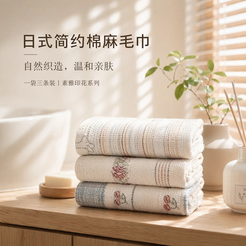 Japanese-Style Simple Hemp Towels, Super Absorbent, Quick-Drying, Lint-Free, Household Adult Bath and Face Towels, Set of Three