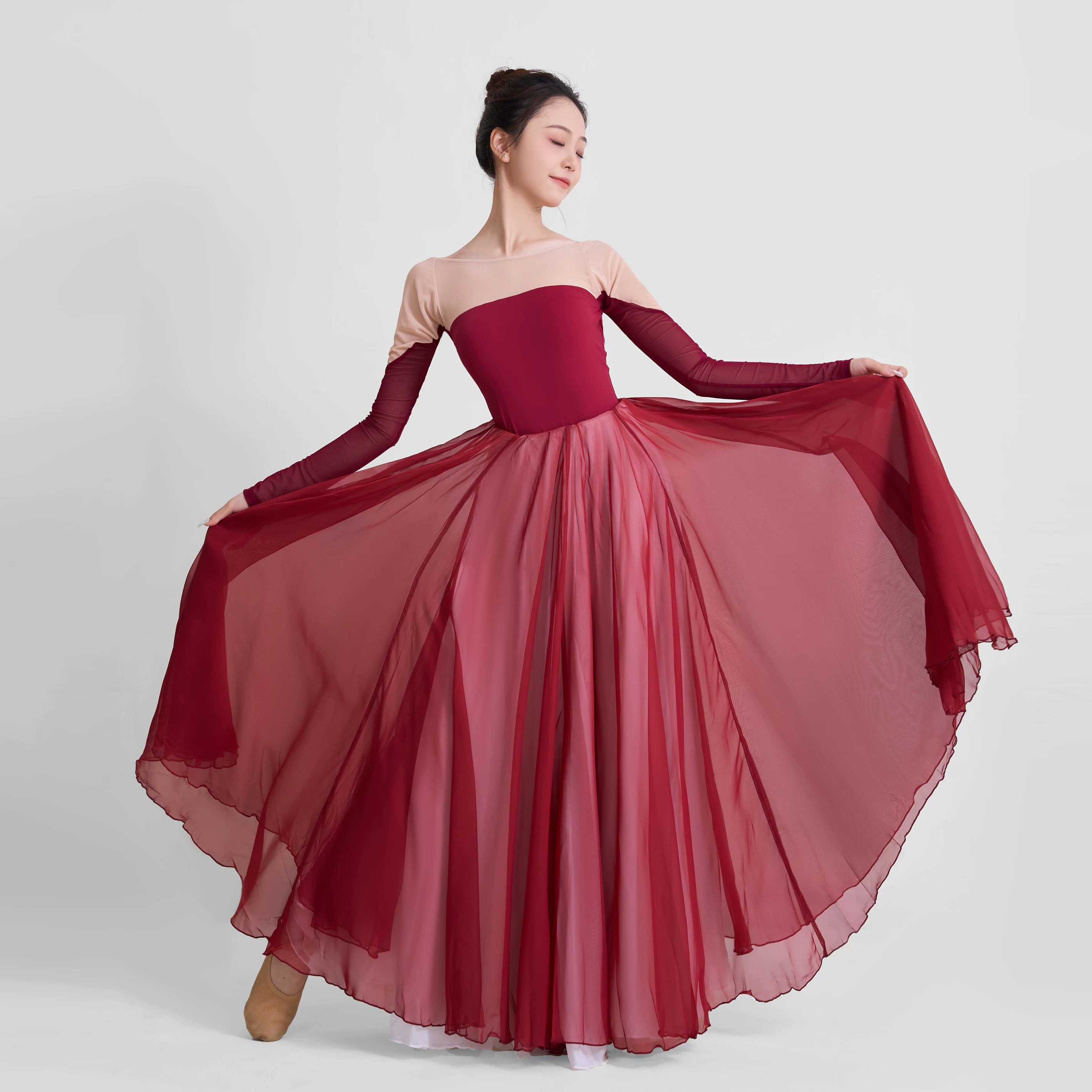 720° large skirt for the opening dance chiffon dance skirt Chinese dance national style red and white large skirt elegant repertoire art examination uniform