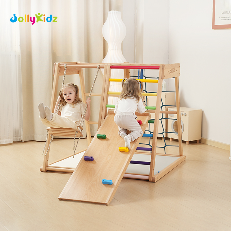 JollyKidz クライミングフレーム 屋内 子供用 ホーム用 無垢材 滑り台 幼児 赤ちゃん クライミング おもちゃ ファミリー ブランコ