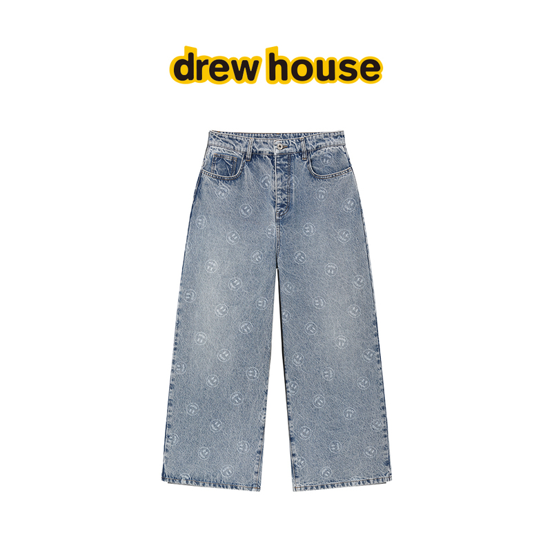 Drew House Laser-Engraved Smiley Face Wide-Leg Jeans 26 New Autumn Style Loose Mid-Waist Zipper