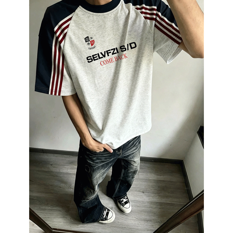 American High Street Fashion Brand Hip-Hop Original Letter Print Round Neck Raglan Striped Short-Sleeve T-Shirt for Men, Summer Pure Cotton Top American High Street Fashion Brand Hip-Hop Original Letter Print Round Neck Raglan Striped Short-Sleeve T-Shirt for Men, Summer Pure Cotton Top