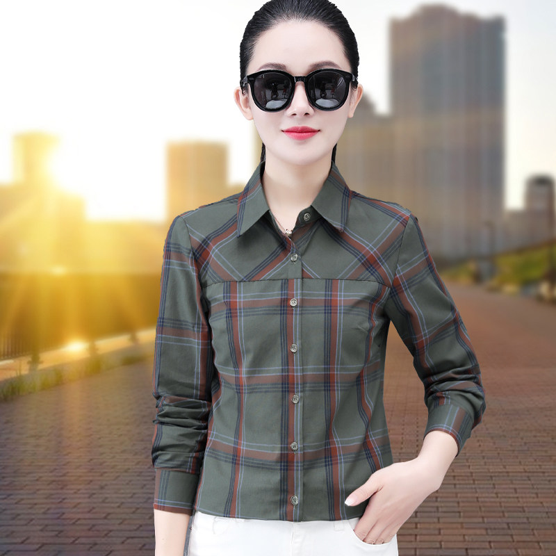 纯棉格子长袖衬衫女2026春秋新款时尚修身显瘦衬衣妈妈小个子上衣