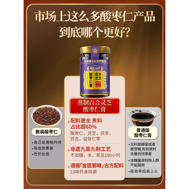Traditional Ancient Recipe Jujube Seed Paste Sleep Aid Paste with Lily, Poria, and Ganoderma, Sleep Aid Tea Pills and Powder for Better Sleep, Genuine Product