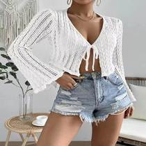 2024 European and American Amazon cross-border new womens sun protection semi-perspective ruffled tops for women