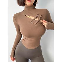 Chinese style fitness long-sleeved sexy hollow sportswear elastic tight training tops without breast pads womens Pilates