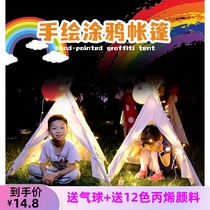 Childrens hand-painted tent painting diy graffiti handmade outdoor triangular small tent activity baby painting game house