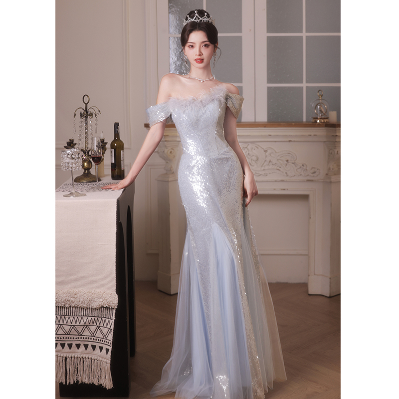 One-Shoulder Evening Dress for Women, Light Luxury, Niche, High-End, Stunning, Elegant Fishtail Dress, Coming-Of-Age Ceremony Host, Sophisticated, Summer