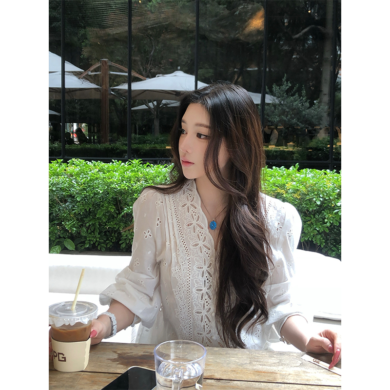 Пять красивых белых шифоновых рубашек с V-образным вырезом, женский летний дизайн, полая вышивка, французская кружевная блузка, топ с длинными рукавами