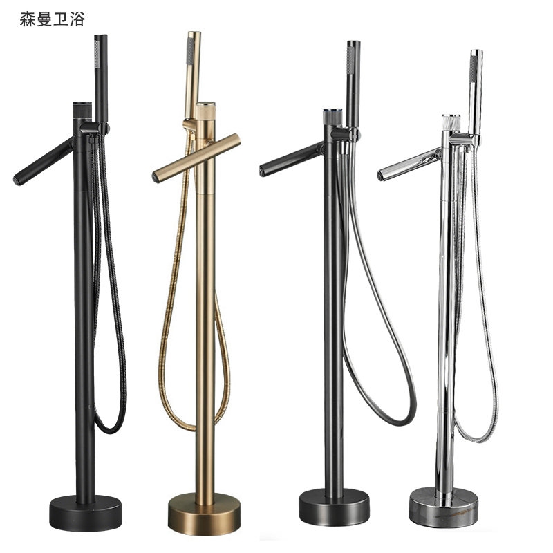 All-Copper Floor-Standing Bathtub Faucet, Hot and Cold, Freestanding Tubside Wooden Bucket, Hotel, Homestay, Home Use Showerhead, Creative Design