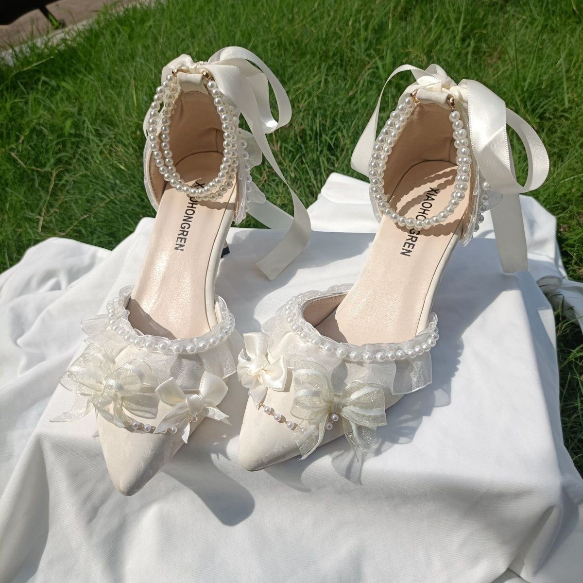 Original handmade wedding high heels, chunky heels with bows, Lolita style shoes, coming-of-age ceremony sandals, super fairy-like.