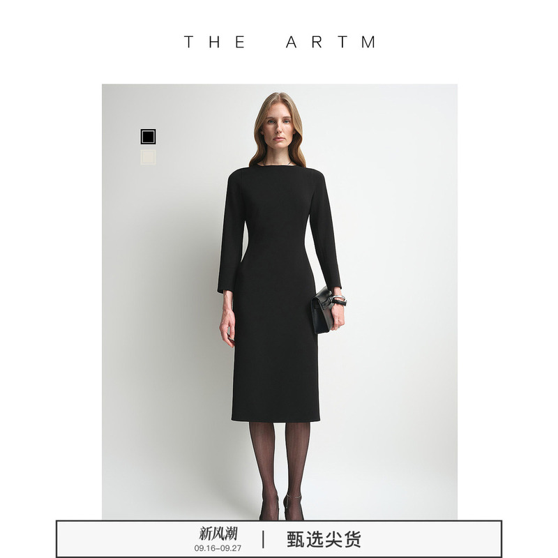 [Rachel Dress] the Artm Triacetate Tailored Black Dress with Three-Quarter Sleeves and Bodycon Fit for Women, Autumn Little Black Dress