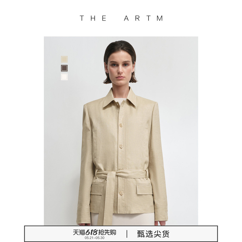 [Same Style as Zeng Peici] the Artm Old Money Style Linen Waist-Cinching Short Jacket Hunting Jacket with Belt Top