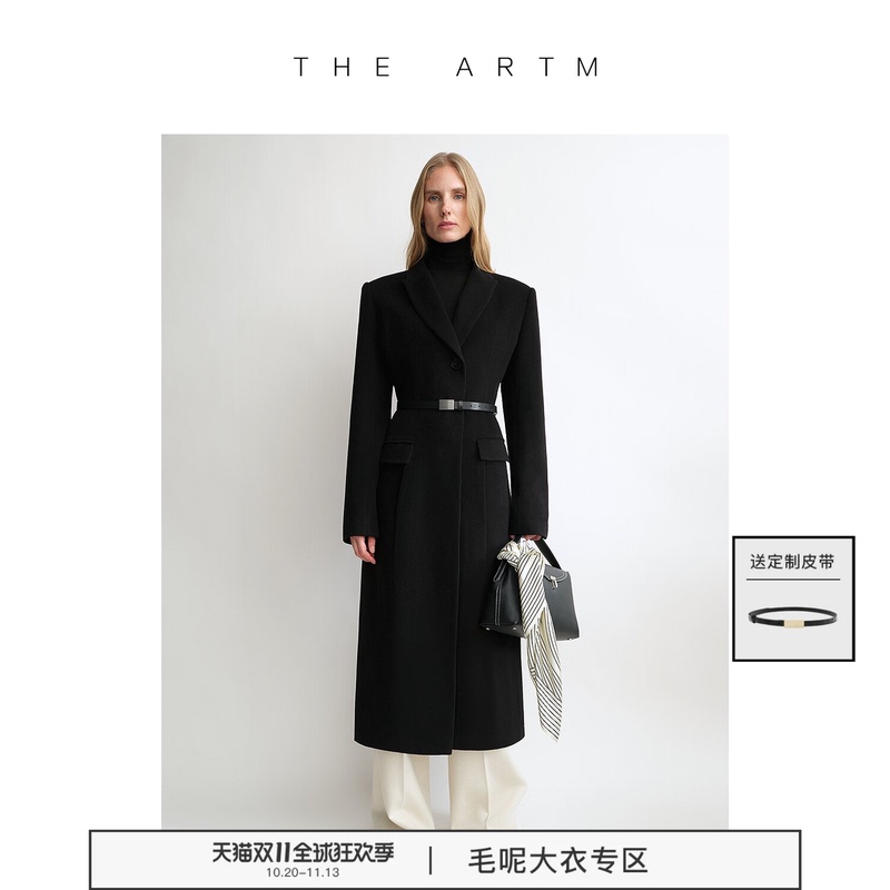 [Goat Wool] the Artm Waist-Cinching Suit Black Coat with Structured Shoulder and Notch Lapel Slim Fit Long Jacket for Women