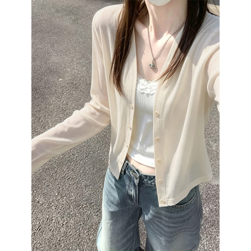 Apricot Long-Sleeved Knitted Sun Protection Cardigan for Women, Summer Thin Lyocell Tencel Top, Jacket Paired with Camisole Air-Conditioning Shirt