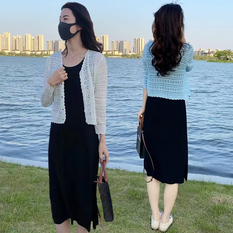 Hollow-Out Ice Silk Knitted Cardigan and Suspender Skirt Set, Dress for Petite Women, Loose Sun Protection Shirt and Shawl Two-Piece Set Hollow-Out Ice Silk Knitted Cardigan and Suspender Skirt Set, Dress for Petite Women, Loose Sun Protection Shirt and Shawl Two-Piece Set