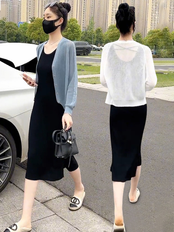 Popular Knitted Cardigan, Ice Silk Blouse, Camisole Dress Two-Piece Set, 2026 New Slimming and Body-Covering Dress Set for Women Popular Knitted Cardigan, Ice Silk Blouse, Camisole Dress Two-Piece Set, 2026 New Slimming and Body-Covering Dress Set for Women