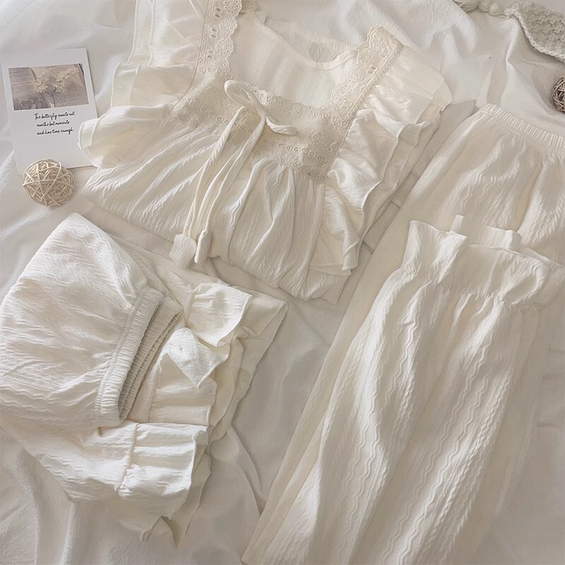 Japanese-Style Young Lady's Cute and Fluffy Pajamas for Women, Summer Three-Piece Set, Sweet Princess Style, Pure Cotton Short-Sleeved Loungewear