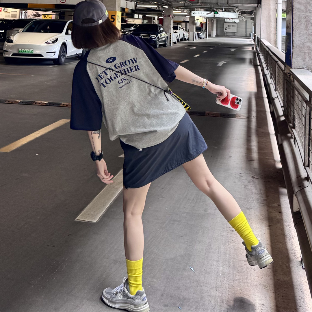 日本のレトロなコントラストカラーのラグランスリーブ半袖Tシャツレディーストレンドブランドゆったりカジュアルレタープリント純綿ヘビートップ