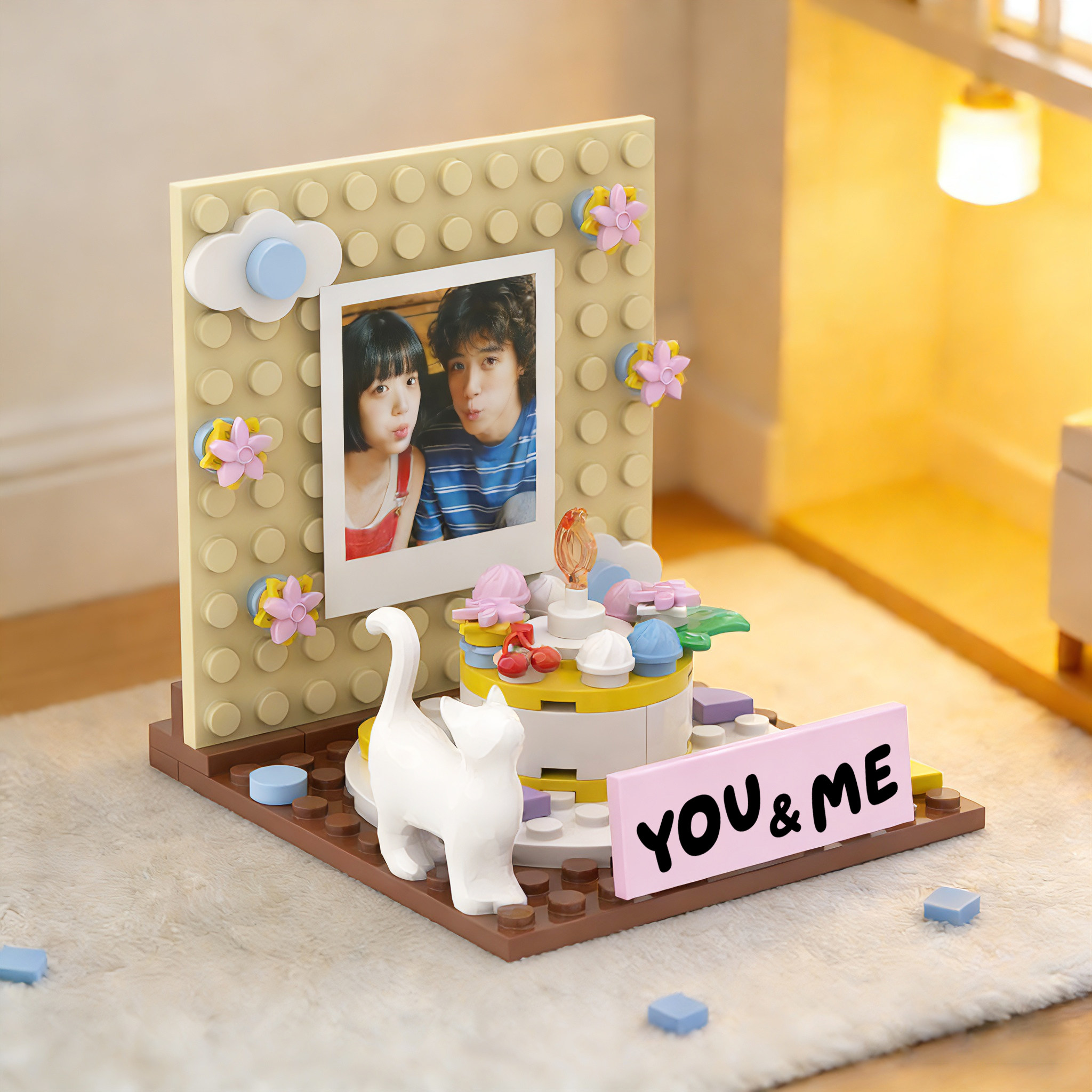ラッキービルディングブロックケーキ、ビルディングブロックフォトフレーム、誕生日プレゼント、バレンタインデーギフト、彼氏/彼女へのクリエイティブギフト、パーツ