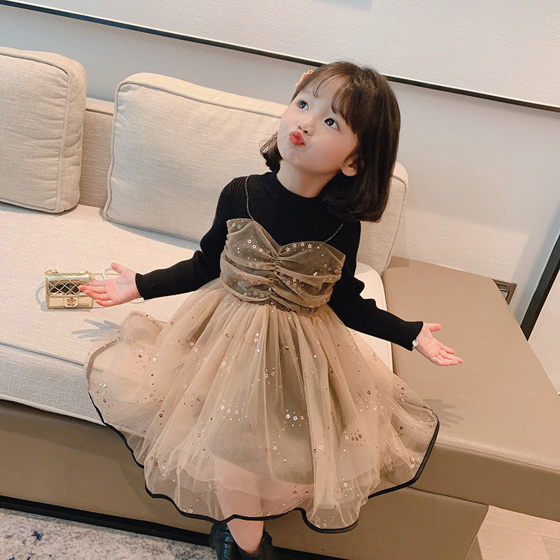 Girl Autumn Foreign Air New Dress New Dress Baby Korean Version Netting Children's Dress Pure Color Fashion Ladies Princess Dress-Taobao