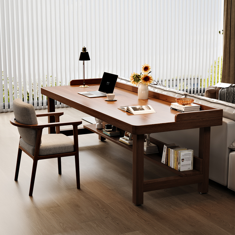 Solid Wood Long Bench-Style Living Room Desk, Sofa Back Desk, Natural Wood Style, Simple Study Desk, Office Desk with Drawers, Computer Desk