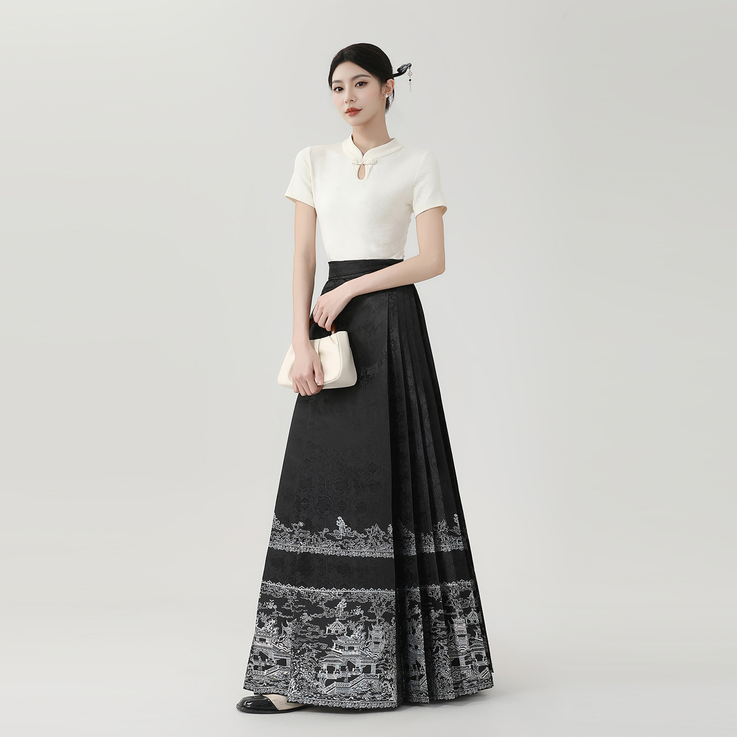 星河寒娥【蓬莱仙境雲樹】黒馬面スカート半袖スーツ2025春夏新作中国風スカート