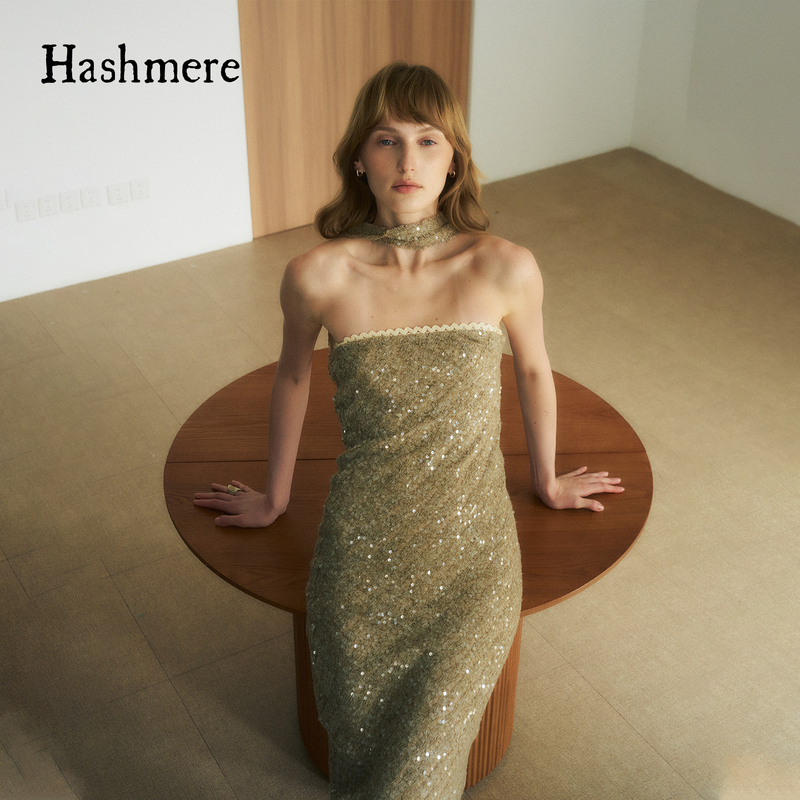 Hashmere 26 Autumn/Winter Sequin Embroidered Dress, Bias-Cut Slim Fit Formal Dress, Elegant Banquet Vacation Long Dress