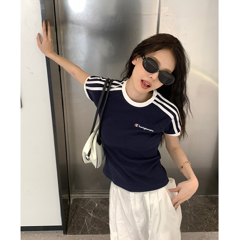 Cute Champion Striped Short-Sleeve T-Shirt for Women, New Summer Style, Short and Slim Fit, Trendy Half-Sleeve Top for Hot Girls Cute Champion Striped Short-Sleeve T-Shirt for Women, New Summer Style, Short and Slim Fit, Trendy Half-Sleeve Top for Hot Girls