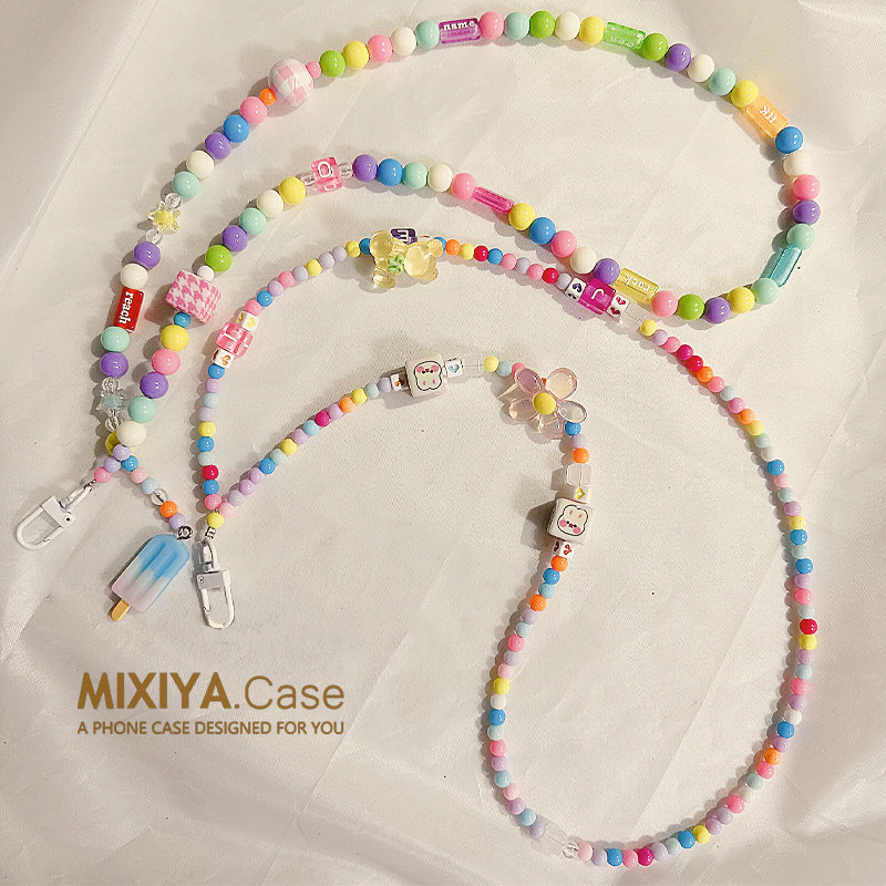 Necklace long chain lanyard with pearl, round beads, small flowers, ins style, beaded ornament, universal phone case charm, bag charm, anti-loss key, school card lanyard, girly style, popular chain, new style with card sticker