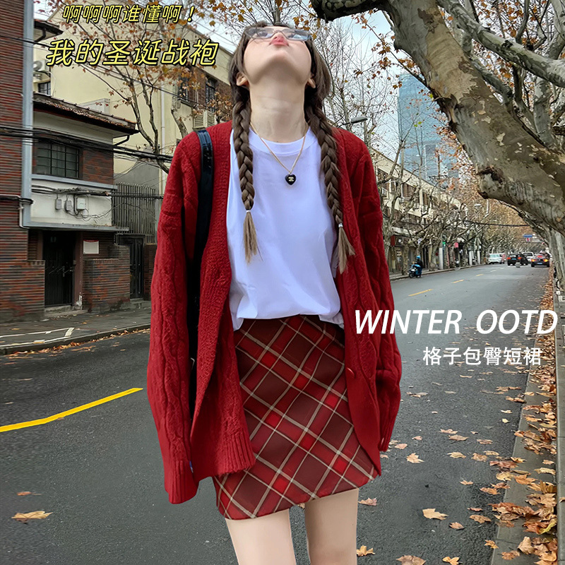 Red Christmas Plaid Woolen Skirt for Women, Spring and Autumn 2026 New High-Waisted Slimming A-Line Casual Hip-Hugging Short Skirt