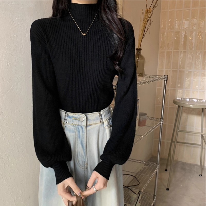 Black Sweater for Women, Autumn and Winter 2026 New Style, Lantern Sleeves, Half-High Collar, Slim-Fit Knit Top, Long-Sleeve Inner Layer