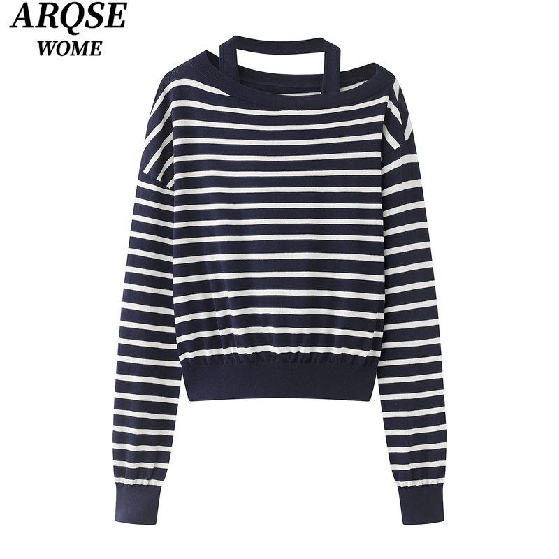 Ainoswangjing 2026 Spring Striped Two-Piece Knit Set Women's Off-Shoulder Long Sleeve Top Age-Reducing Sweater 1201