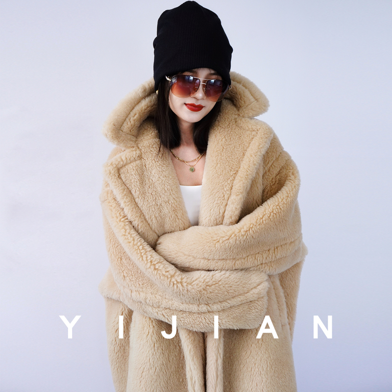 Yijian Yijian m Brand Honey-Colored Teddy Bear Coat for Women, Mid-Length, Thickened for Winter, Warm, Loose Fur Coat