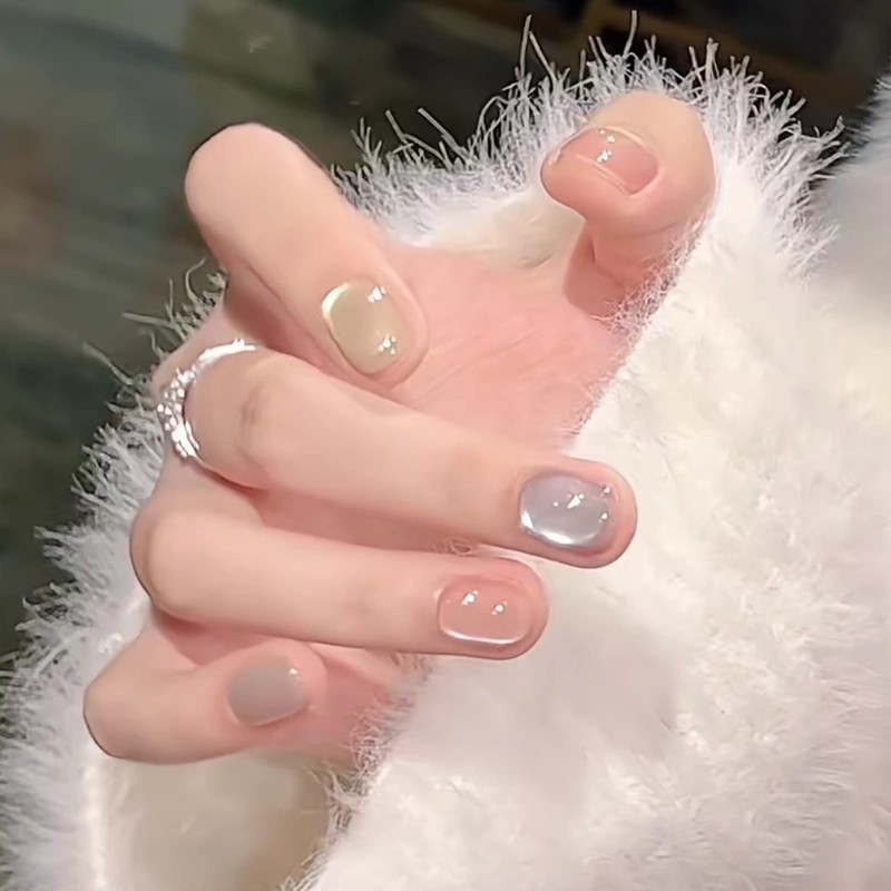 【Peach Ice】Handmade Wearable Nails with Colorful Glass Beads Cat Eye Short Style Summer New Cat Eye Wearable Nails