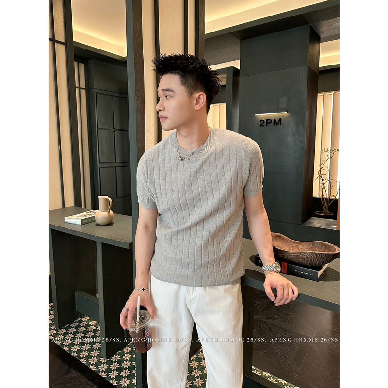 Spring and Summer Series/Textured Vertical Striped Round Neck Casual Business Muscular Style Exquisite Knit Short-Sleeve T-Shirt # 72149