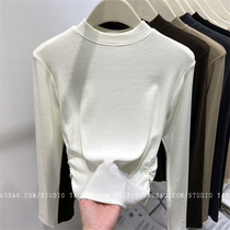 Half turtleneck cashmere t-shirt bottoming shirt for women autumn and winter 2024 new style western style side pleated brushed inner t-shirt top