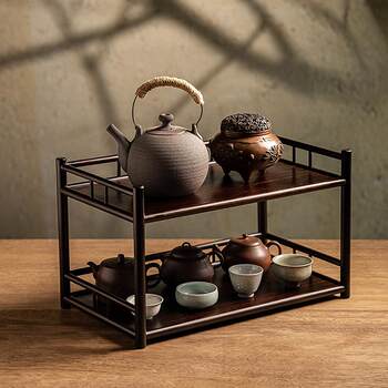 Desktop tea shed tea table tea set storage rack tea cup rack storage rack teapot purple clay pot rack double-layer bamboo ancient rack