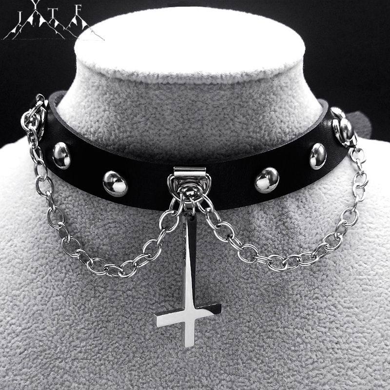 Dark Gothic style choker, punk culture, inverted cross leather necklace, Y2K stainless steel accessories