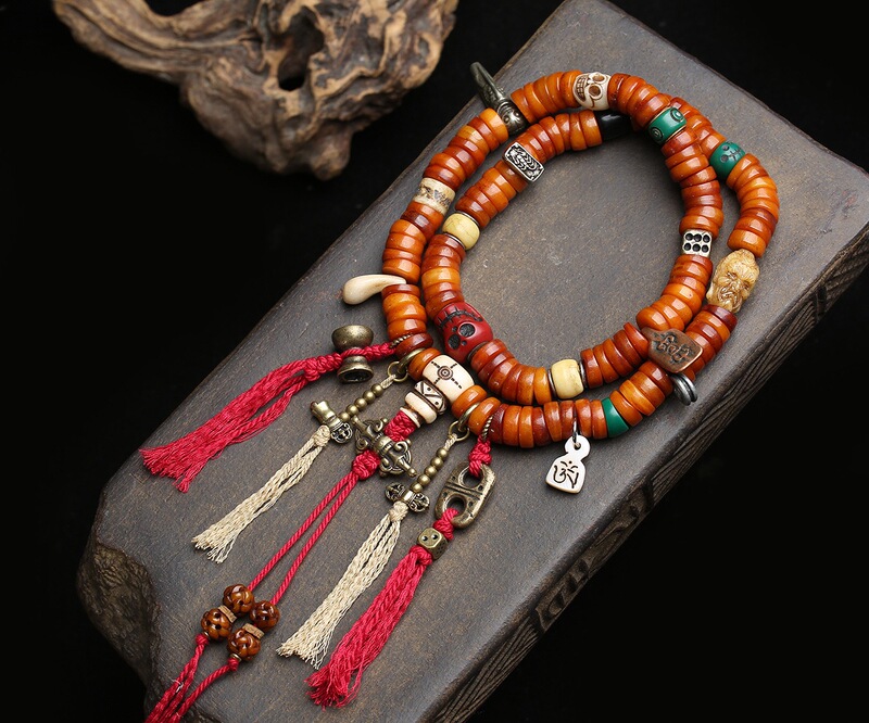 Tibetan-Style Buddhist Prayer Beads Made from Yak Bone, Large Intestine Beads, Prayer Beads for Neck Wear, Agate Dzi Bead Accessories Tibetan-Style Buddhist Prayer Beads Made from Yak Bone, Large Intestine Beads, Prayer Beads for Neck Wear, Agate Dzi Bead Accessories