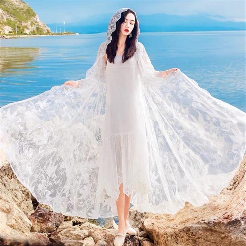 Plus Size Lace Seaside Vacation Dress Sanya 2023 Hooded Cloak Shawl Blouse Super Fairy Sun Protection Clothing Long Style