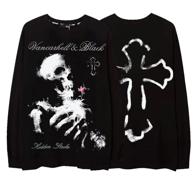 National Trend American Street Style Phantom Skull Print Pure Cotton Long-Sleeve T-Shirt Unisex European and American High Street Hip-Hop Crew Neck Sweatshirt
