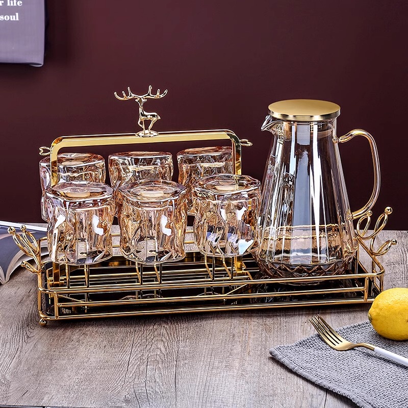 Glass Water Set for Home Use in the Living Room, High-Quality and Exquisite Crystal Glass Water Kettle with Handle, Drinking Cups, and Teacups