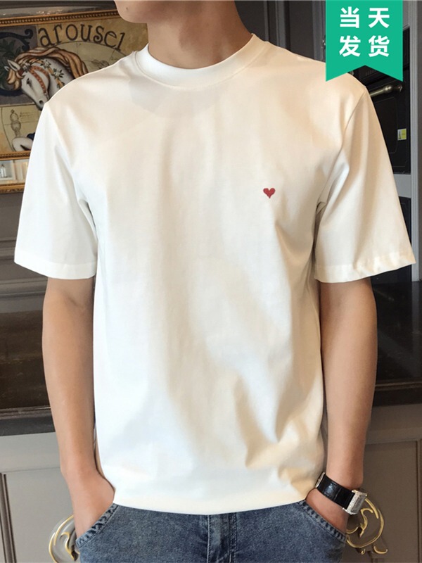 American Retro Solid Color Short-Sleeve T-Shirt for Men and Women, Simple and Versatile with Heart Print, Summer Trendy Half-Sleeve Couple T-Shirt