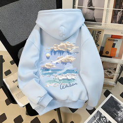 Haze Blue and White Clouds Hooded Sweatshirt Men and Women 2025 New arrival Fall and winter Fleece-lined Creative Stylish Trendy Student Outwear