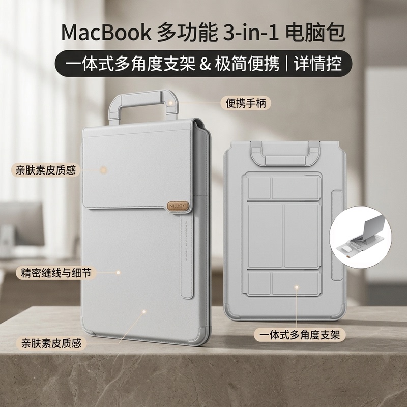 Suitable for MacBook Three-In-One Multifunctional Computer Bag with Integrated Stand and Mouse Pad, Business-Style Leather Storage Bag Suitable for MacBook Three-In-One Multifunctional Computer Bag with Integrated Stand and Mouse Pad, Business-Style Leather Storage Bag