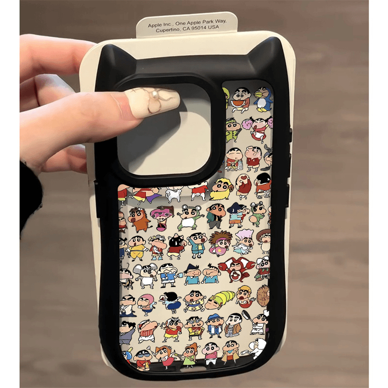 Cross-Dressing Shin-Chan Full-Screen Phone Case Suitable for iPhone 16, Apple 15 Pro Max, Trendy and Cute Cartoon Style for iPhone 13, Fashionable New Cat Ear Design for iPhone 12, 3D Frame Silicone Protective Case for iPhone 11, XS