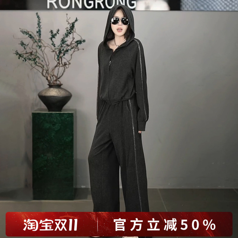 Rong [Grey Kogose] Rong Ribbon Side Trim Sporty Hoodie Jacket and Pants Set Js678