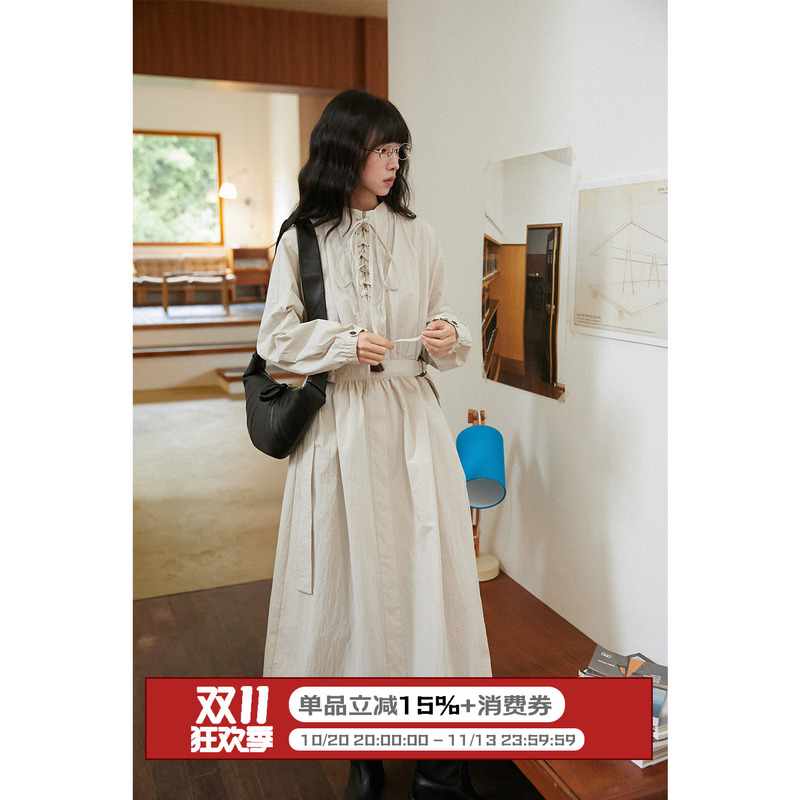 Lbaoraw Tea Beige Black Pleated Paper-Like Lace-Up Waist-Cinching Long-Sleeve Dress for Women, Autumn Mid-Length Style