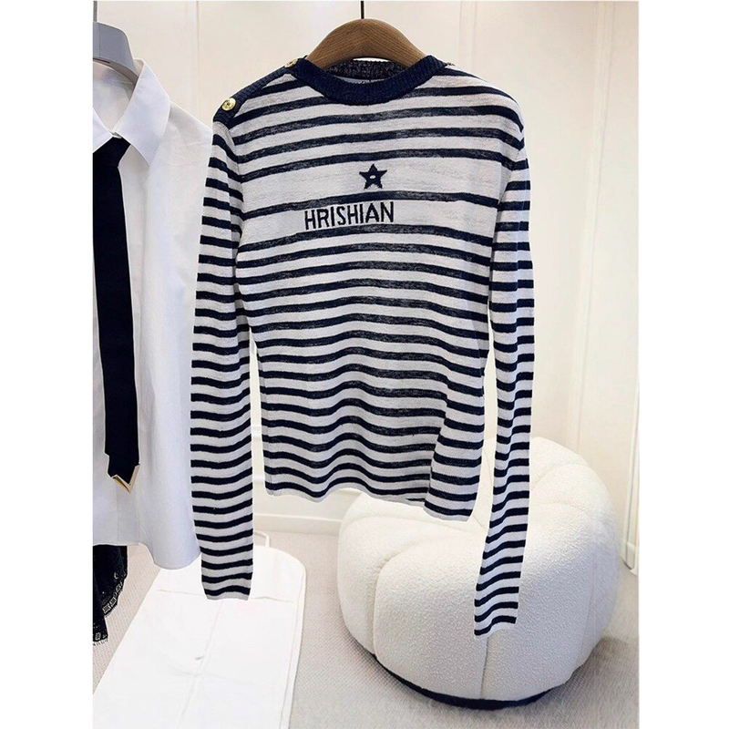 The Correct Version ~ Shenzhen Nanyou Linen Ribbed Navy Stripe Anchor Gold Buckle Thin Five-Pointed Star Long-Sleeved Sweater The Correct Version ~ Shenzhen Nanyou Linen Ribbed Navy Stripe Anchor Gold Buckle Thin Five-Pointed Star Long-Sleeved Sweater
